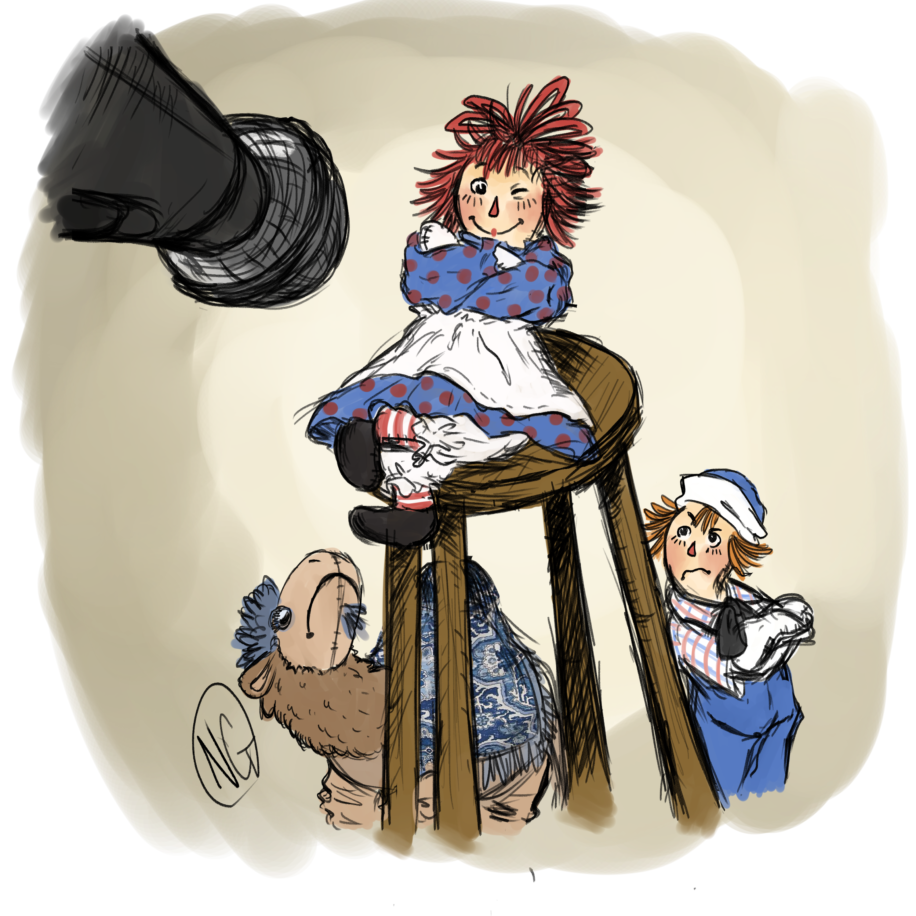 A digital drawing. Raggedy Ann sits on a stool in front of a microphone, grinning and winking. Raggedy Andy and The Camel with the Wrinkled Knees stand below, looking up at her with jealousy and anxiety, respectively.